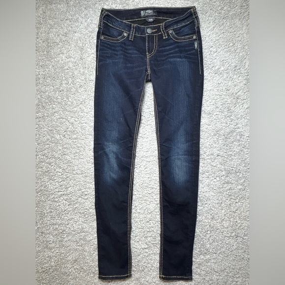 Silver Jeans Womens 27 Suki Mid Rise Super Skinny Dark Wash Big Stitch Denim - Picture 1 of 5